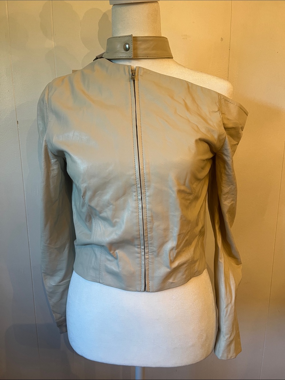 IRO Paris Beige/Off White One-Shoulder Leather Jacket with Snap Neck